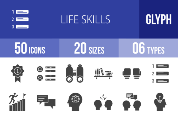 50 Life Skills Glyph Icons: Visual Storytelling for Modern Design